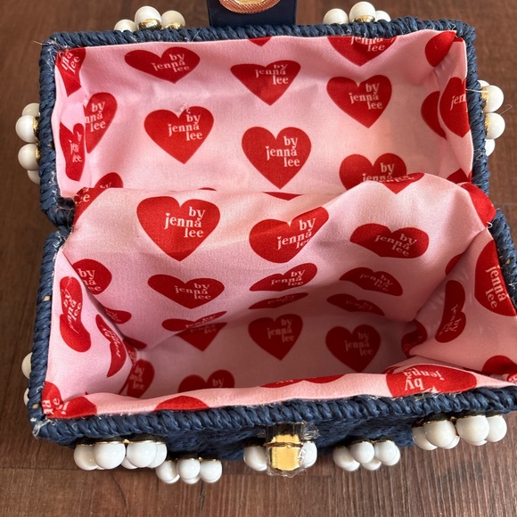 By Jenna Lee Blue Woven Box Bag Top Handle Daisy Beaded Gold Hardware - Picture 3 of 4